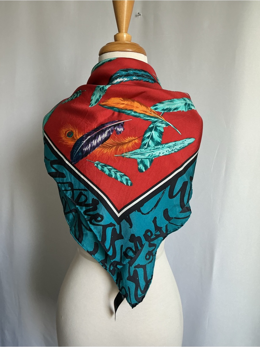 Express Teal and Red 100% Silk Scarf Feather Print Square One Size